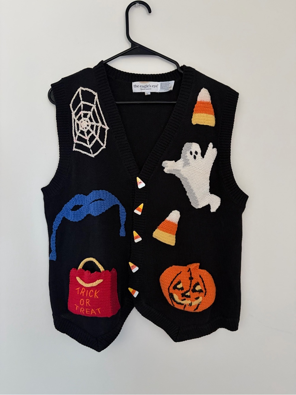 The Eagle’s eye Black 1994 Vintage Halloween Vest with Candy Corn & Pumpkin